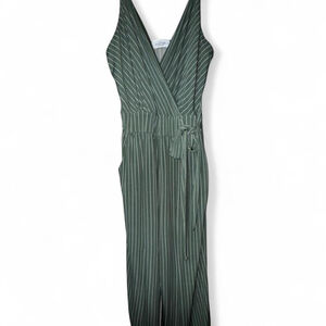 Kaleigh (Kaileigh) Green Striped Wrap Jumpsuit – Tie Waist Wide-Leg